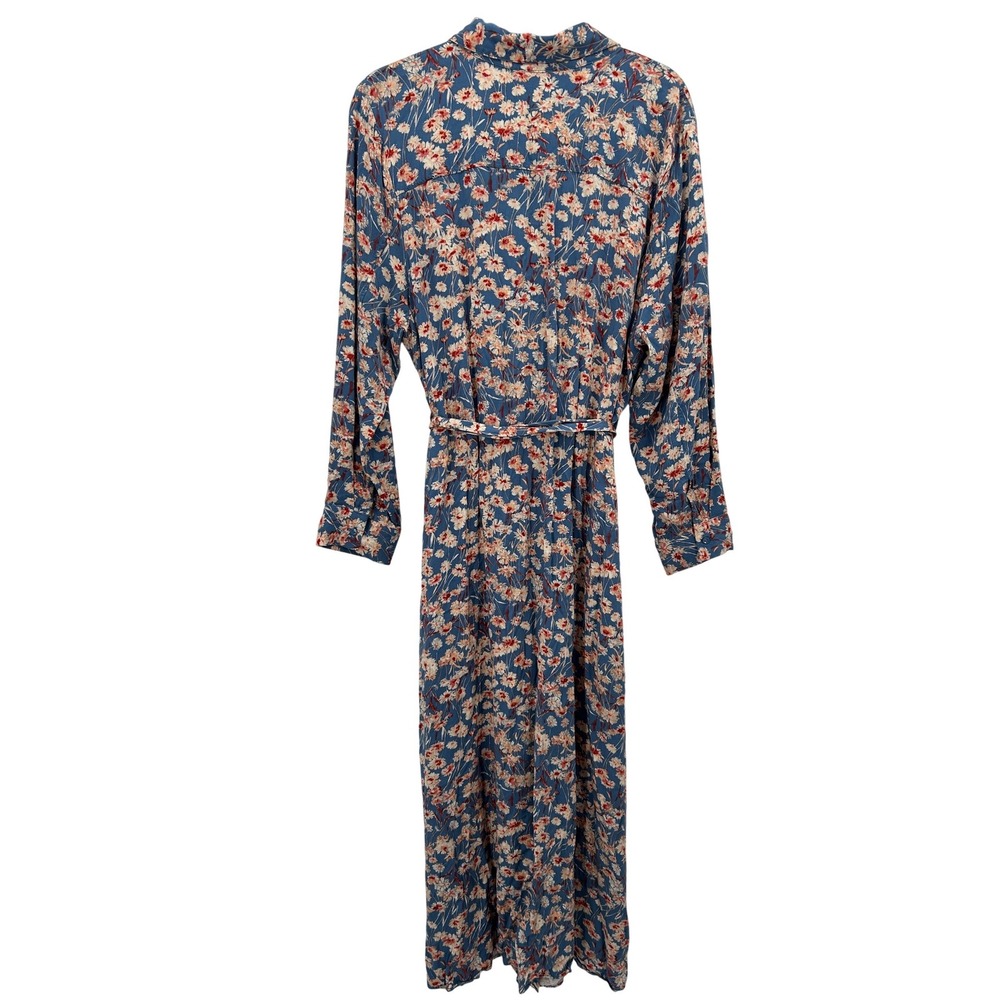 Haute Hippie Tribe Blue Floral Long Sleeve Button Midi Shirt Dress XL Boho Indie - Picture 2 of 8